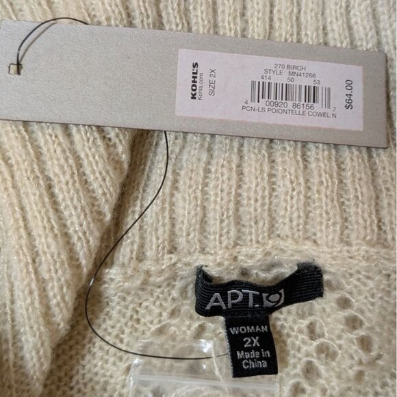 NWT Cowl Neck Open Knit Pointelle Sweater Womens 2X Cream Gold Long Sleeve Apt. - Picture 4 of 7